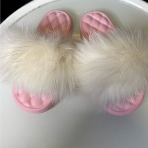 Real Long Rabbit Fur Fluffy White and Pink Slippers